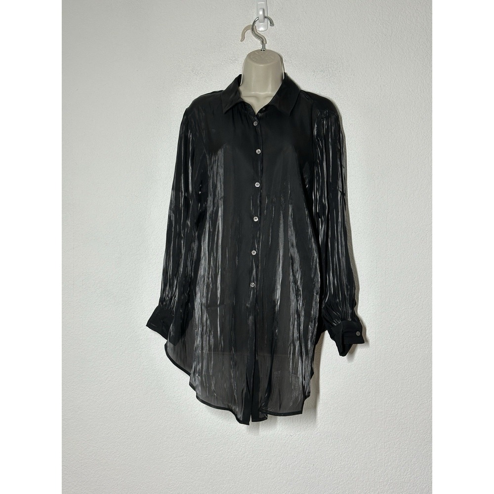 New Vince Camuto Top Womens Plus 1X Black Satin‎ Long Sleeve Shirt Hi/Low Hem